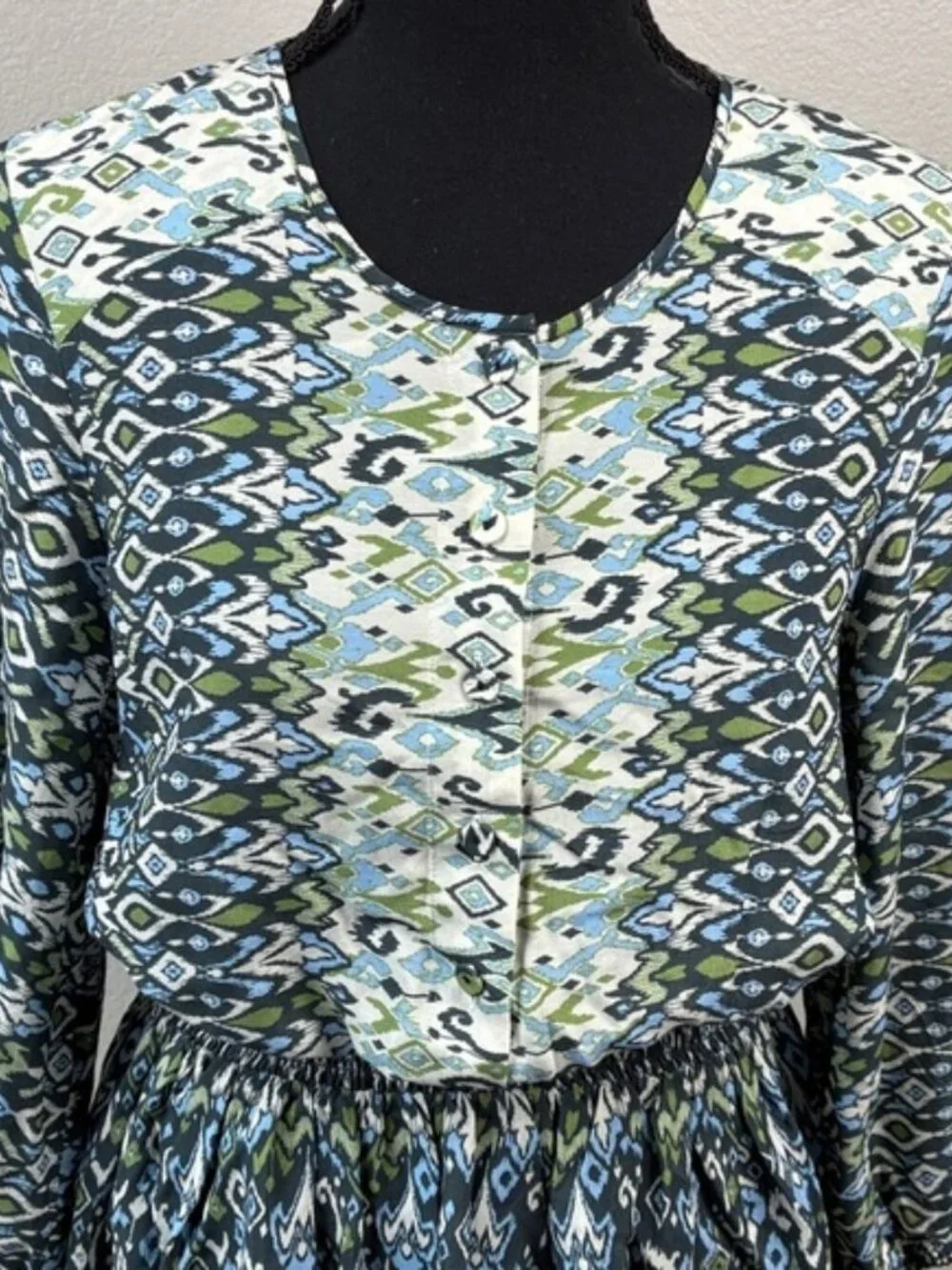 Shoshanna Mirza Dress Blue Geo Ikat Smocked Waist 3/4 Sleeves Mini/Midi NEW 10 - Picture 4 of 7